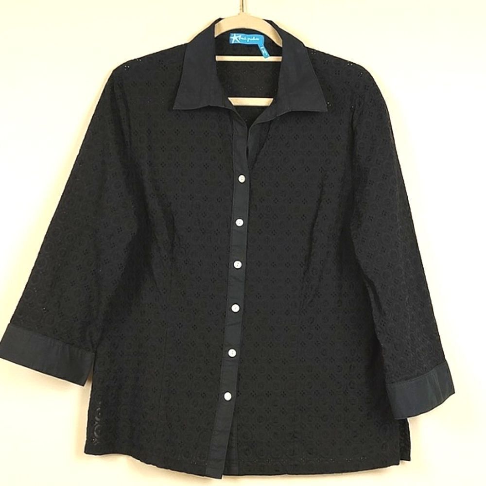 Fresh Produce Black Alseyel Eyelet Lace 3/4 Sleeve Button Front Blouse Top